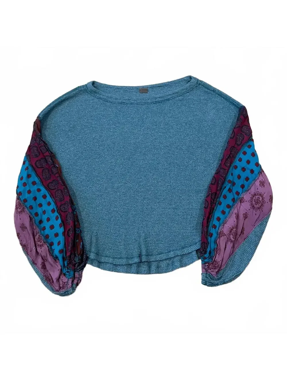 We The Free Free People Blossom Thermal Top Teal Waffle Knit Print Sleeve Size M